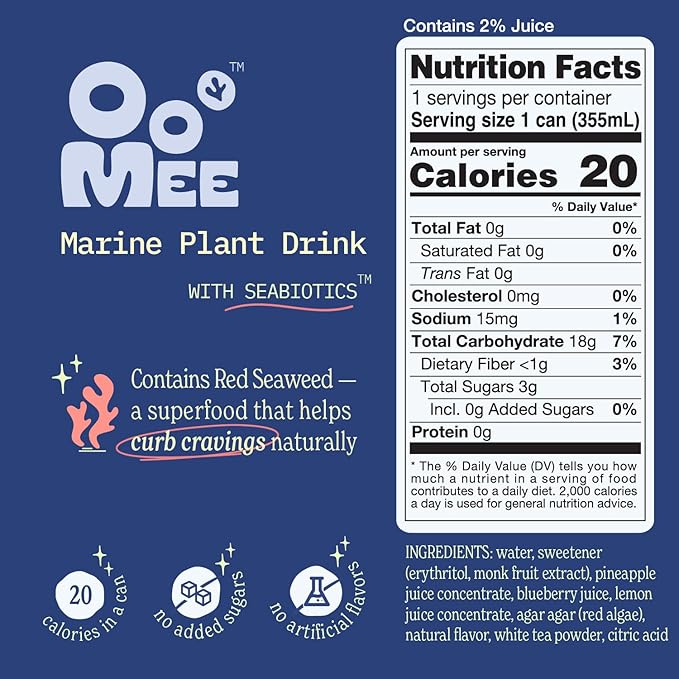 OoMee Prebiotic Drink | Blueberry & Elderflower | Plant-Based Vegan Beverage with Marine-Sourced Agar Prebiotics (Seabiotics) for Digestive & Gut Health Functional Drink – 12oz Cans, 12-Pack