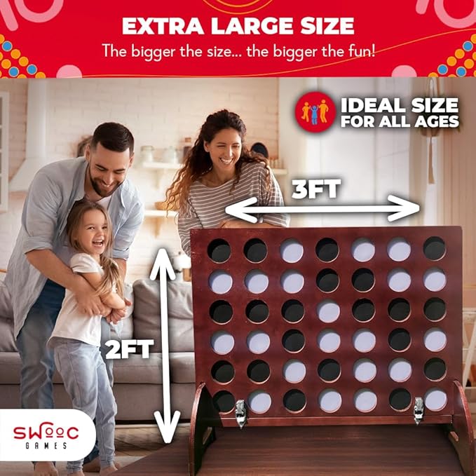 SWOOC Games - Giant Four in a Row (All Weather) With Carrying Case & 60% Quieter Design - Connect 4 for Outdoor, Yard, and Backyard - Kids and Adults