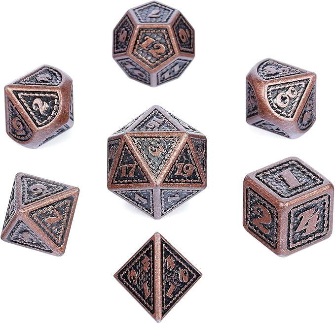 DNDND Metal Dice Set Dragon Scale 7 PCS Polyhedral Metallic Die with Gift Metal Case for DND Dungeons and Dragons D&D (Ancient Copper)