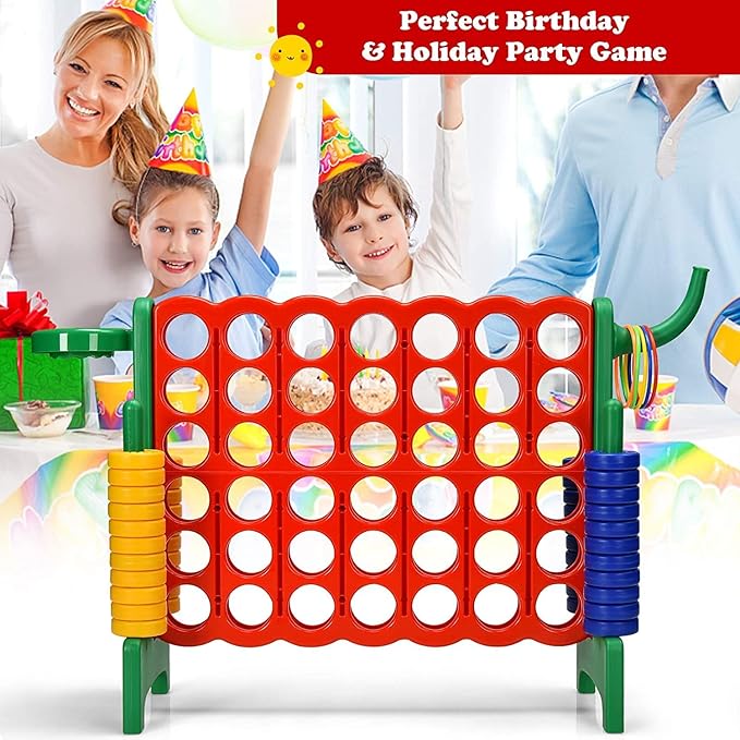 Giant 4 in a Row Connect Game, Jumbo 4 to Score Game Set w/ 42 Chess Rings, Basketball & Hoop, Toss Rings & Quick-Release Lever, Indoor & Outdoor Family Party Game for Kids & Adults
