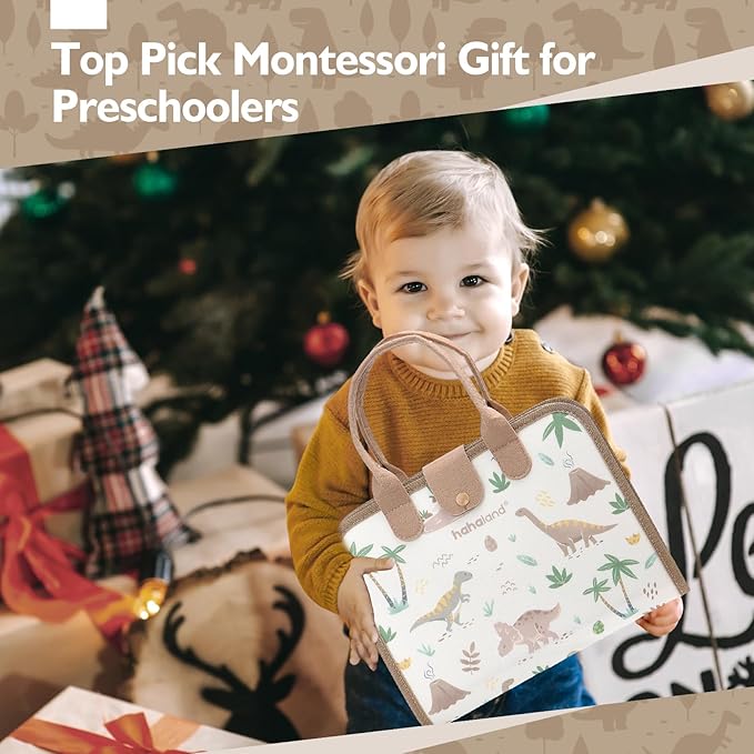 hahaland Montessori Busy Board for Toddlers 2-4 - 2 Year Old Boy Toys Birthday Gift - Travel Toys - Dinosaur, Alphabet, Number, Shape, Drawing, Life Skills