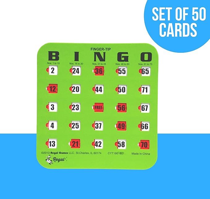 Regal Bingo Bulk Bingo Cards with Sliding Windows - Reusable Large Print Bingo Game Cards for Adults Large Group - 50 Pack, Green