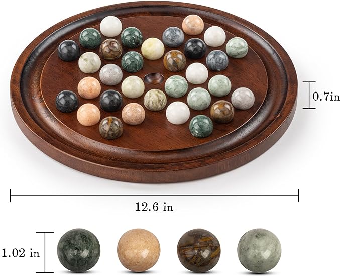 Deluxe Solitaire Game Set: 12.6'' Solid Wooden Board, 32 Natural Marble Balls, Single-Player Strategy and Smart Games