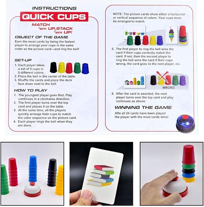 Quick Cups Game for Kids - Classic Speed Stacking Game with 24 Picture Cards, 30 Colored Cups (6 Sets of 5 Colors Each), Bell & Instructions