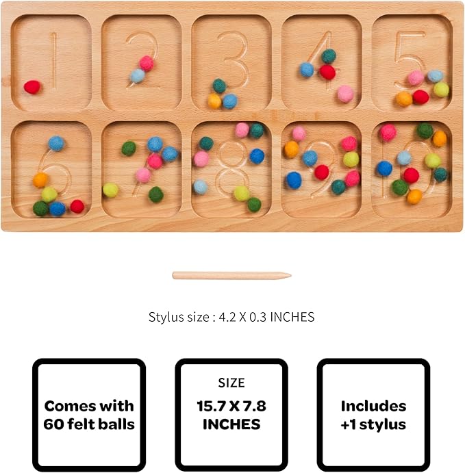 BLUE GINKGO Number Sorting Tray - Wooden Counting, Sorting and Number Tracing Toy - Montessori STEM Math Counting Toys for Preschool Math - Toddler Learning Toys for 3 Year Olds (15.7 x 7.8 Inches)