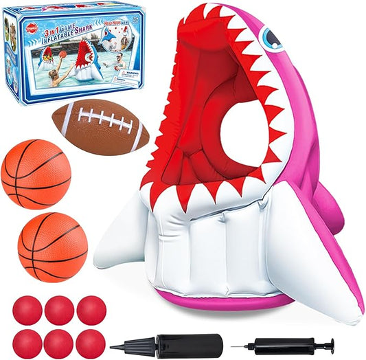 Shark Pool Toys, 3-in-1 Inflatable Pool Floats Basketball & Football & Head Hoop Toss Water Games Fun Beach Outdoor Activities for Kids Adults, Family Party Gift for Boys Girls 3 4 5 6 7 8 9