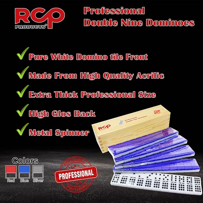 Dominos Set for Adults – Professional Double 9 Dominoes Set of 55 Tiles, Metal Spinner, Classic and Travel Board Game with Wood Case Juegos de Mesa (Blue)