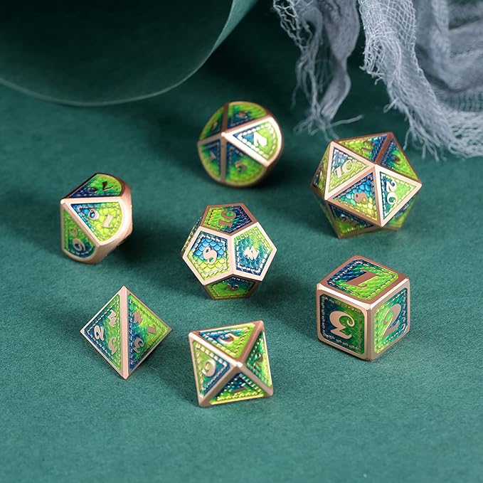 Metal DND Dice Set with Gift Metal Case DNDND 7 PCS Metallic Dungeons and Dragons Die for DND Game (Blue & Green with Matt Copper Edge)
