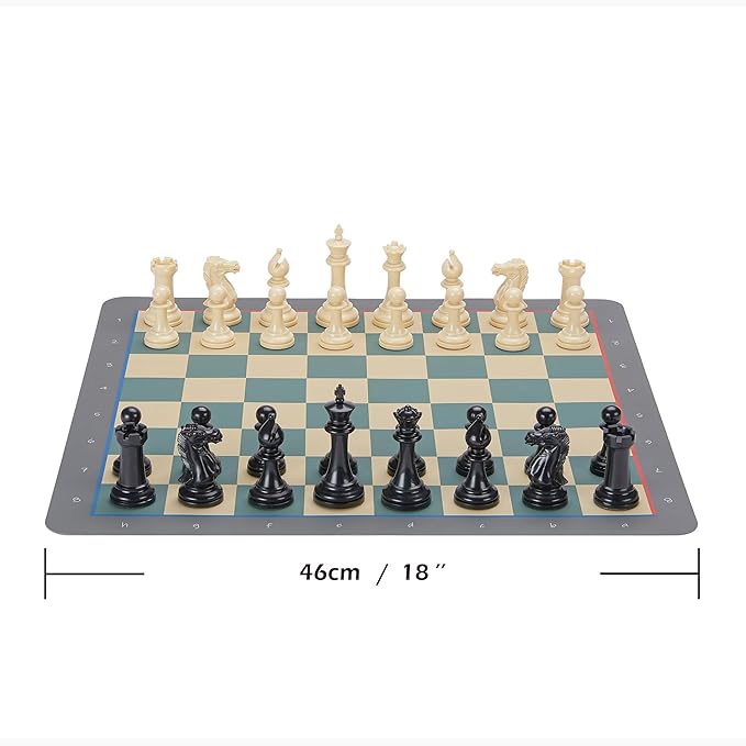 Conqueror Tournament Travel Chess Set 18''x18'' Foldable Silicone Chess Board / 3.5'' King Height Plastic Double Weighted Classic Staunton (Multicolor Chessboard)