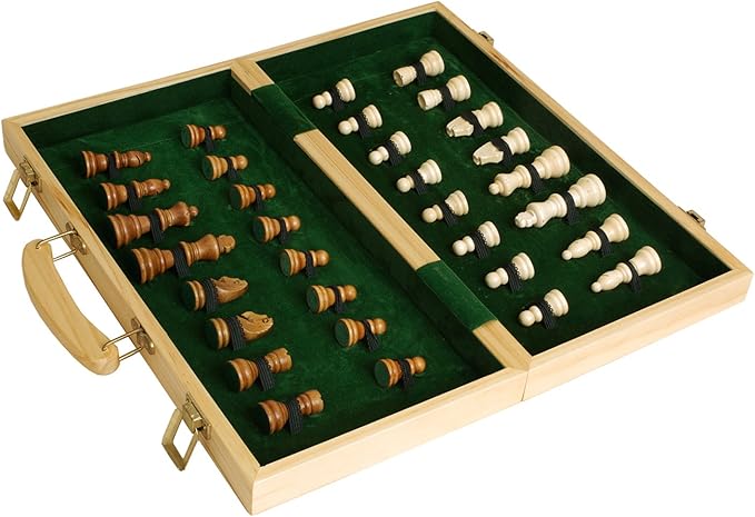 Sterling Games 16" Solid Wooden Chess Set Travel Folding Board with Brass Locks and Felted Interior Storage with Piece Holders