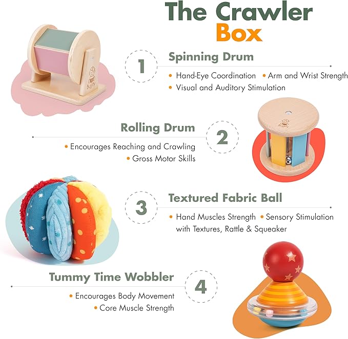 Montessori Toy Set 5-6 Months Infant Toys - Tummy Time Activity Wooden Spinning Drum, Sensory Balls Set, Texture Ball, Flash Cards, Baby Emotions Board Book, Newborn Gifts Basket