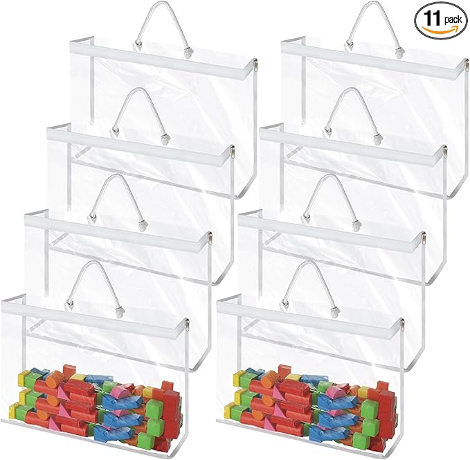 12 Pack Clear PVC Toy Storage Bag with Zipper, Plastic Toy Storage Bags with Handle, Dust-Proof and Waterproof Toy Organizer Bags, Portable Handheld Toy Travel Bag for Blocks Set, Puzzles, Small Toys