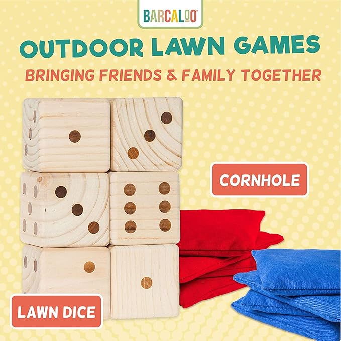 Barcaloo Yardzee Outdoor Family Games, Six 3.5" Giant Wooden Dice Games for Families