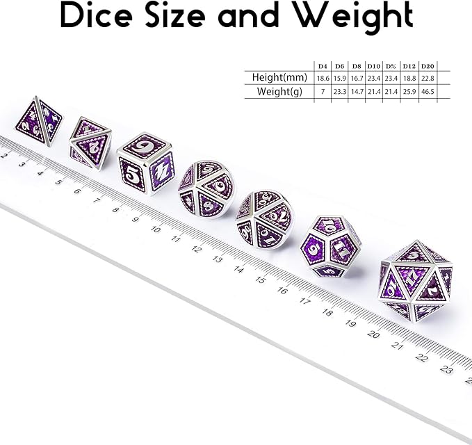 DNDND Metal Dice Set, 7 Pieces Polyhedral Dragon Scale Metallic Die with Gift Metal Case for Dungeons & Dragons D&D (Purple with Silver Edge)