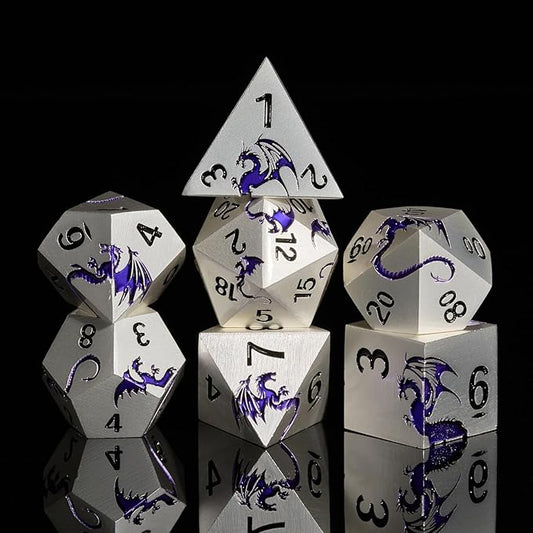 Purple Dragon Metal Dice HNCCESG 7 Piece Heavy Metallic D&D Dice Set with Dungeons and Dragon Gift Dice Box for TTRPG Tabletop Game (Matte Silver Purple)