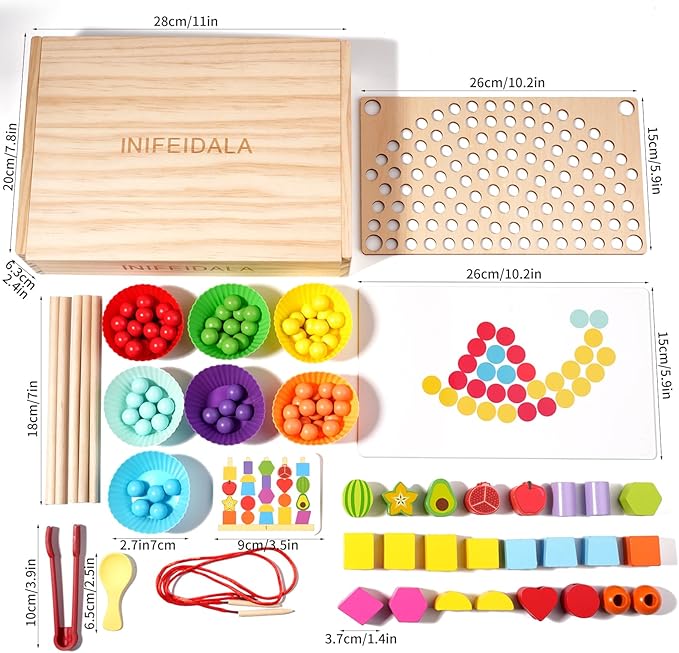Toddler Learning Montessori Toys for 3 4 5 6 Year Old,Rainbow Stacking & Lacing Beads & Matching Shape Stacker - Wooden Peg Board Beads Sequencing Toy Set - Fine Motor Skills Toys for Boys & Girls