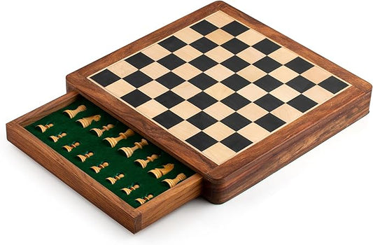 12" Non Folding Magnetic Ebony & Golden Rosewood Chess Set with Leather Bag (Chess Set Without Algebraic Notation)