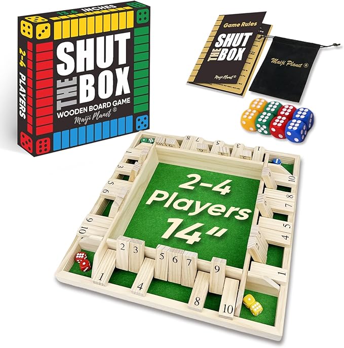14" Dulexe Upgraded Shut The Box for 2 4 Players Math Family Game Night Quick Dice Game for Party Camp Bar Travel Class School Wooden Table Top Board Game for Adults Kids Couple Elder