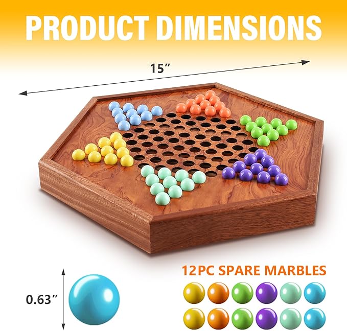 Large 15" Chinese Checkers Board Game for 2-6 Player Wooden Game Board, 16mm 60+12 Colorful Acrylic Marbles, Easy Grasping for Adults and Kids, with Storage Drawer, Fun for Family Gathering