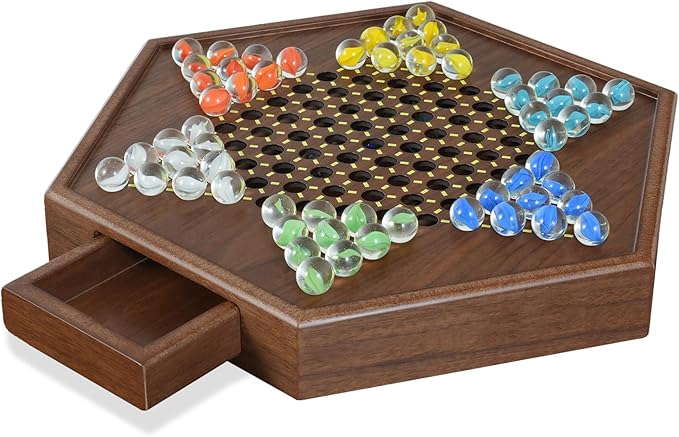 Chinese Checkers Set, 13 Inch Wooden Checkers Board Game with 60+12 Colorful Glass Marbles Fun Family Chinese Checkers Game for 2-6 Players