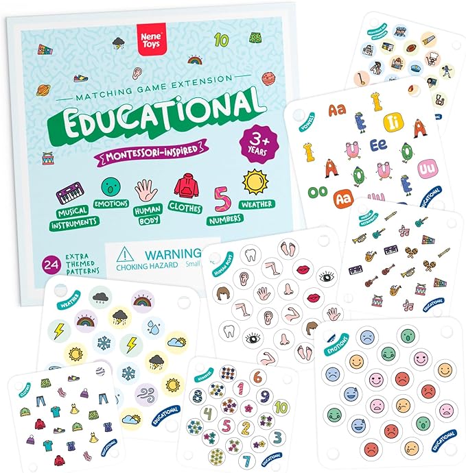 Nene Toys Educational Memory Extension Cards - 24 Extra Themed Patterns – Additional Matching Cards with Numbers, Letters, Animals, Body Parts [Nene Toys Exclusive Size]