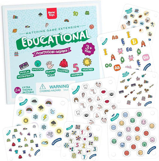 Nene Toys Educational Memory Extension Cards - 24 Extra Themed Patterns – Additional Matching Cards with Numbers, Letters, Animals, Body Parts [Nene Toys Exclusive Size]