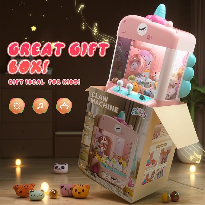 Skirfy Unicorns Claw Machine, Mini Vending Machine with Lights & Music, Adjustable Sound, Candy and Electronic Prize Dispenser, Includes 45 Toys, Candy and Birthday Gift for Kids Girls