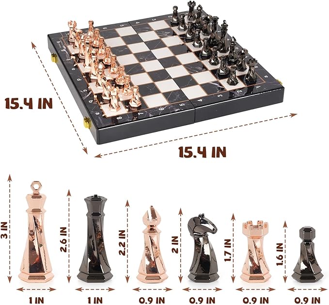 Metal Chess Set for Adults and Kids – 15" Wooden Chess Board with Modern Metal Chess Pieces Travel Chess Sets with Metal Chessmen – Collectible Elegant Chess Game – Family Vintage Board Game