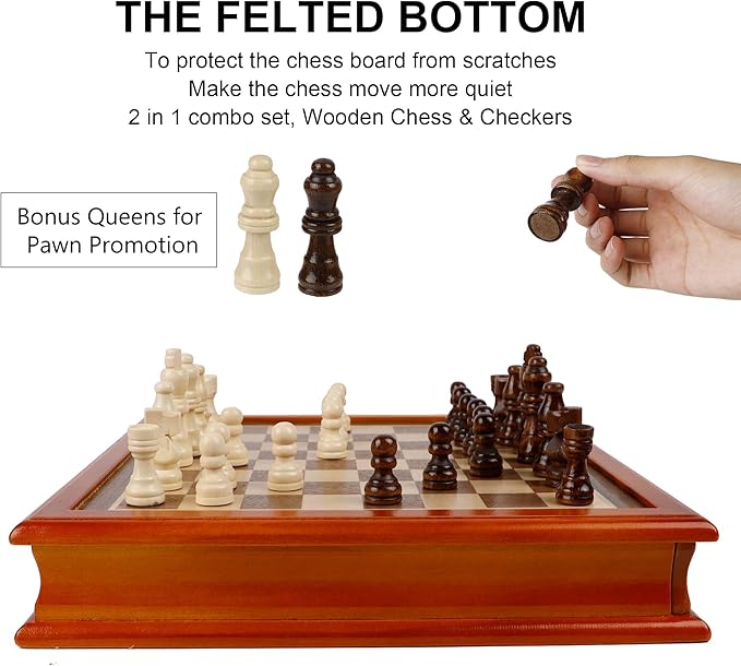 Juegoal 12-Inch Wooden Chess & Checkers Set with Storage Drawer, Portable Board Games for Kids and Adults