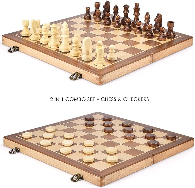 AMEROUS 15 Inches Wooden Chess & Checkers Set with Upgraded Weighted Chess Pieces - 2 Extra Queen -24 Cherkers Pieces -Instruction -Chessmen Storage Slots, Classic 2 in 1 Board Games