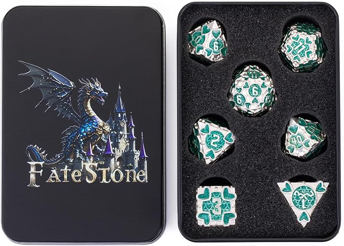 DND Metal Dice 7pcs DND dice Set with Gift Box for Dungeons and Dragons MTR PRG Tabletop Games (Silver-Green)
