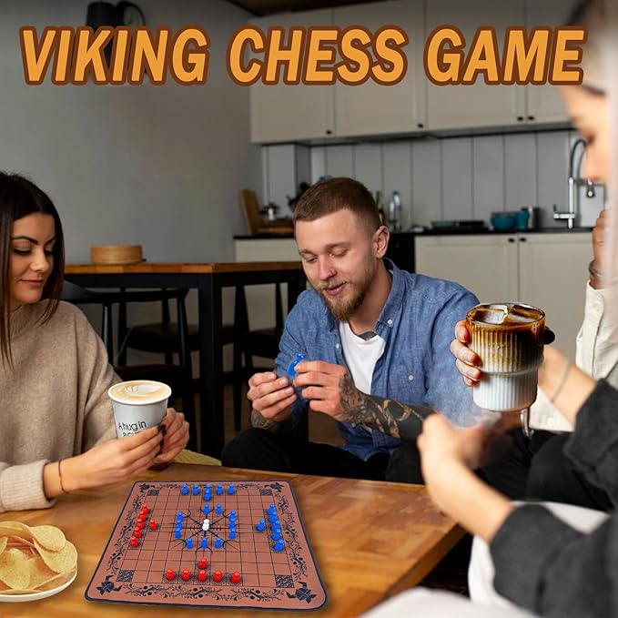 Hnefatafl Viking Chess Board Set,Two Player Strategy Board Game with A Wooden Storage Box, A Rubber Viking Chess Mat and 37pcs Colorful Chess Pieces