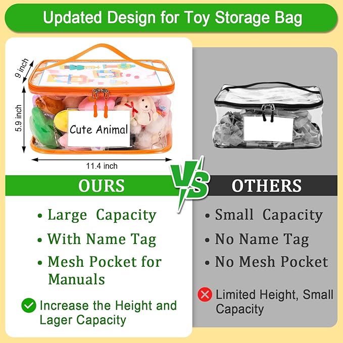 Upgraded 6 Pack Clear Toy Storage Bag - with Name Tag Manual Pocket, Transparent PVC Toy Organizer Case with Zipper for Board Game, Building Block, Puzzle, Large Capacity for Kids Ages 6+ (Colorful)