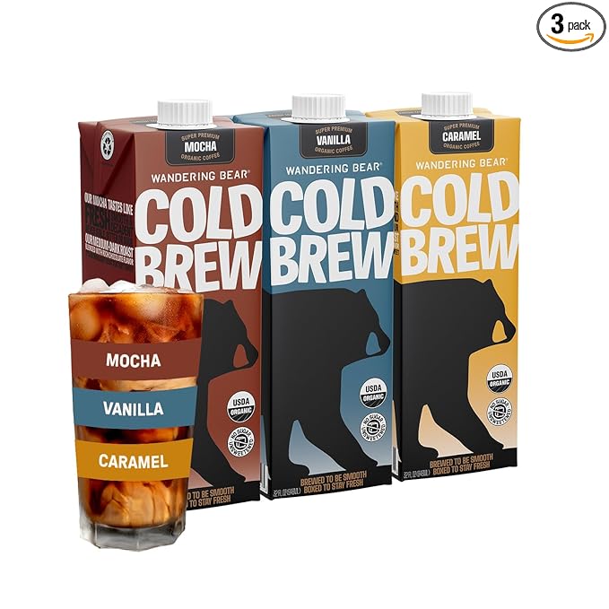 Wandering Bear Organic Cold Brew Coffee, Variety Pack, 32 fl oz (3pk - Vanilla, Caramel, Mocha) - Extra Strong, Bold, Smooth, Unsweetened, Shelf-Stable, Ready to Drink, Iced Cold Brewed Coffee Drinks