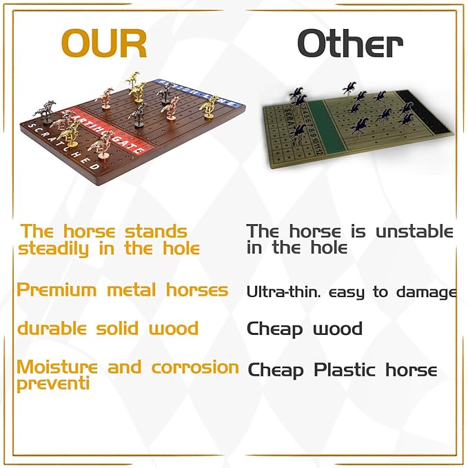 Metal Horse Race Board Game Racing Game Thickened Solid Wood with 11 Luxurious Durable Classic Metal Horses with 2 Dice and 2 Boxes of Cards Horse Racing Game (Walnut,Rectangle)