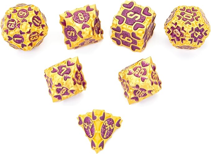 DND Metal Dice 7pcs DND dice Set Box for Dungeons and Dragons MTR PRG Tabletop Games (Gold-Purple)
