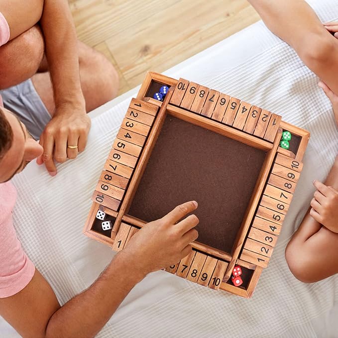 Shut The Box Dice Game-12 in Brown Design Retro 1-4 Players-8 Dice-Gift Package, Wooden Board Table Math Games for Adults Kids, Classics Tabletop Version and Pub Board Game