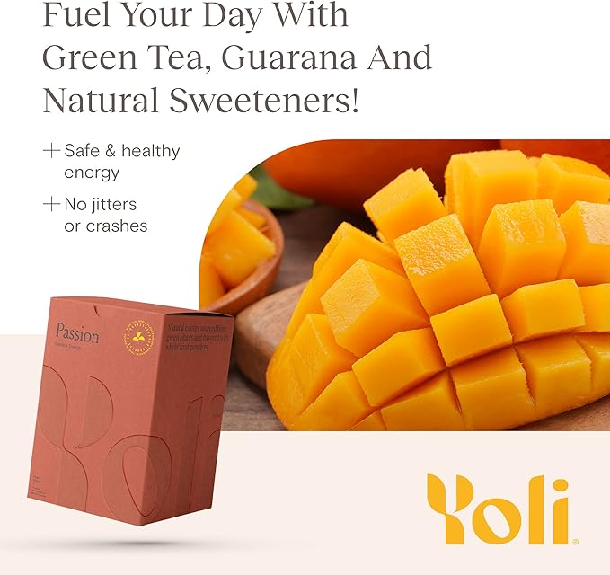 Yoli Passion Energy Drink Powder Mix - Natural Energy Drink Mix for Endurance and Stamina, Bulk 90 Servings - Peach Mango