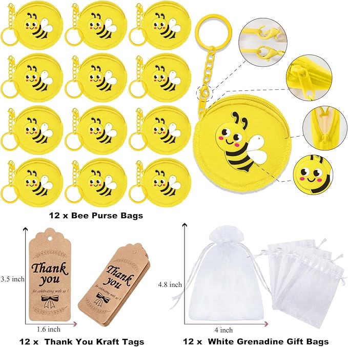 36 Pack Bee Change Coin Purses Set Include 12 Bee Wallets with Keyrings, 12 Thank You Tags and 12 Organza Bags for Honey Bee, Bumble Bee, Mommy to Bee, Baby to Bee, Birthday,Yellow