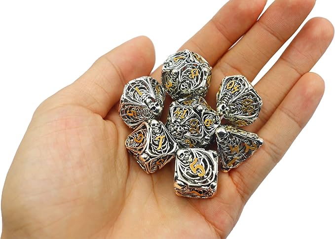 Metal DND Dice Set Skull Dungeons and Dragon Dice Set Hollow Polyhedral Magic 7 PCS Dice Set with Gift Metal Box for Dungeons and Dragons Table Games Play Cards MTG(Skull_Ancient Silver and Gold)