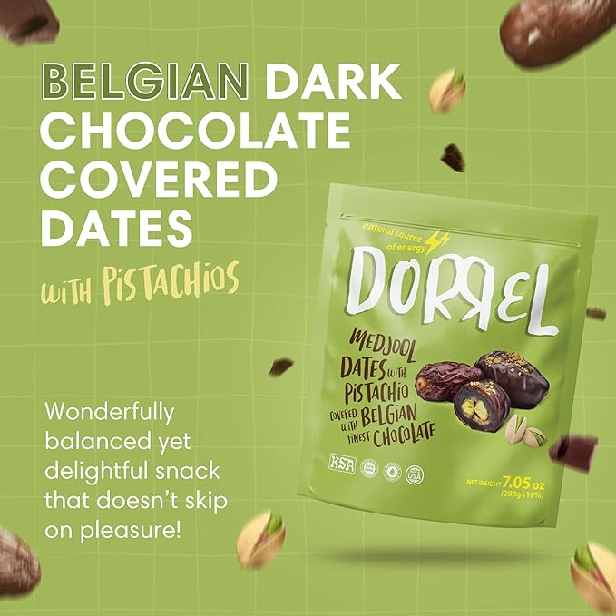 Dorrel Belgian Dark Chocolate Covered Medjool Dates Stuffed with Pistachios, Nutritious and Tasty Dark Chocolate Pistachio Nuts, High-Energy Snack, Non-GMO, Kosher, 1 Pack