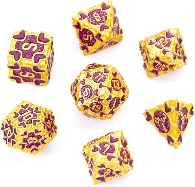 DND Metal Dice 7pcs DND dice Set Box for Dungeons and Dragons MTR PRG Tabletop Games (Gold-Purple)