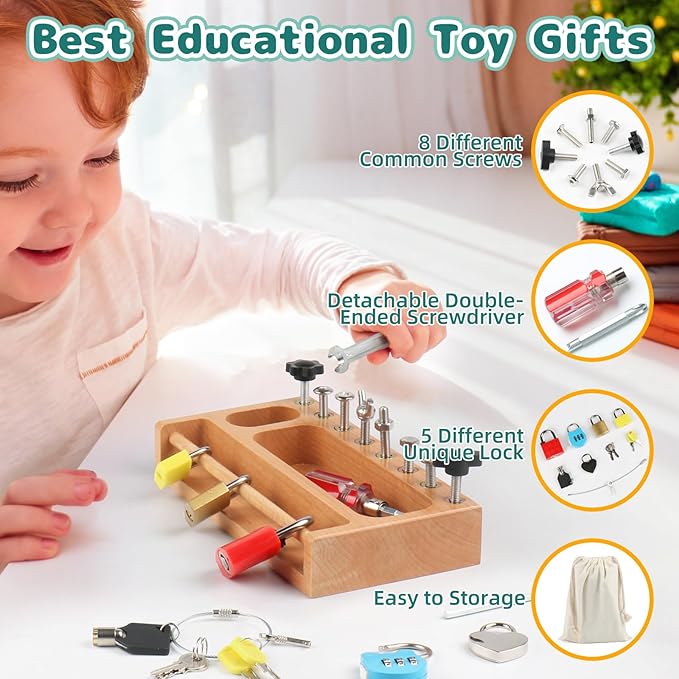 Montessori Screwdriver Board Set Lock and Key Toys Kids Tools Nuts and Bolts Montessori Toys for 3 4 5 Year Old Learning Practical Life Materials Fine Motor Skills Occupational Therapy Games