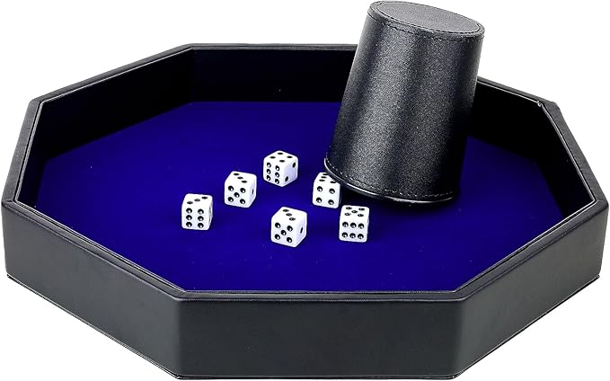Dice Rolling Tray, Blue Felt Lined PU Leather Octagon Dice Tray for Dungeon Crawler Games