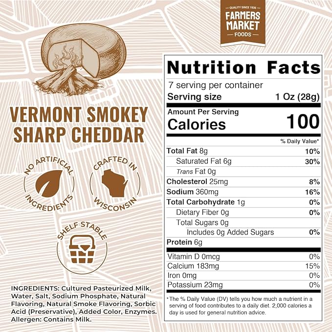 Farmers' Market Vermont Smokey Sharp Cheddar Cheese Block 7oz, Shelf Stable, Locally Sourced Wisconsin Cheese, All Natural Cheese Snack, Perfect for Slicing and Shredding, 3-Pack