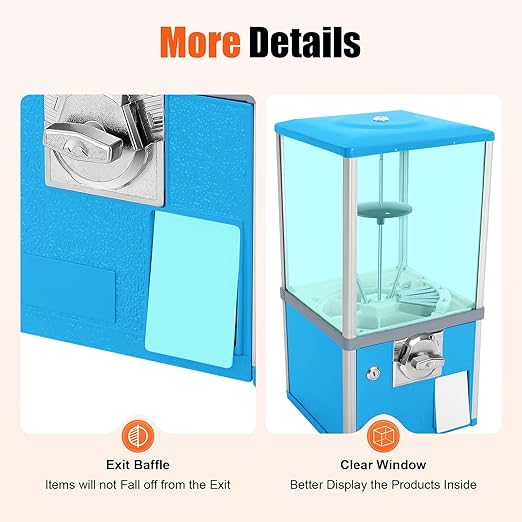 Gumball Vending Machine, Big Bubble Candy Dispenser Machine Candy Gumball Machine Bank, 2 25 Cent Coins Per Side, 1.77in Capsule Toys, Gum Ball Vending Machines for 25 Cent Coin Only (Blue)