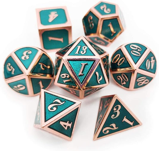 Haxtec DND Metal Dice Set Copper Teal Polyheral Dice for RPG D&D Dungeons and Dragons Gifts W/PU Leather Dice Bag