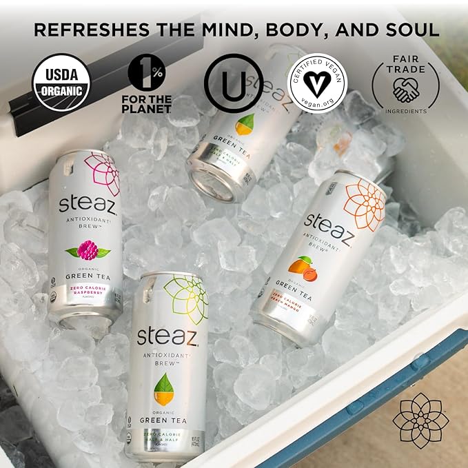 Steaz - Organic Green Tea - Zero Calorie Peach Mango (12 Pack) - Antioxidant Brew - 65mg Natural Caffeine, Vitamin C - Stevia Sweetened Iced Tea - Vegan, Fair Trade - 12 Cans, 16 fl oz (473mL)