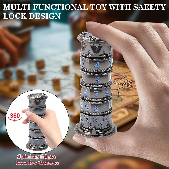 Pagoda Dice Spinner, 7 in 1 Metal Unique Roulette Dice for Sci-Fi, War, Crime Theme Tabletop Games