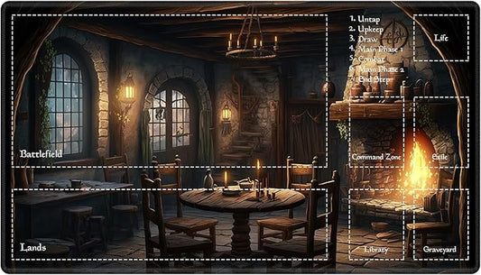 Playmat with Zones for MTG Card Game Playing, 24"x14" Commander Deck Gaming Desk Duel Mat for Beginner, Medieval Tavern